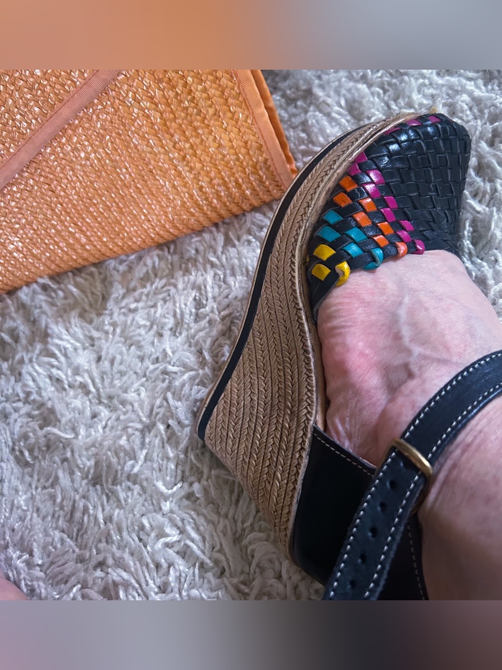 Retro Platform Heels | Wedge | Black | Woven | Mexican | 8